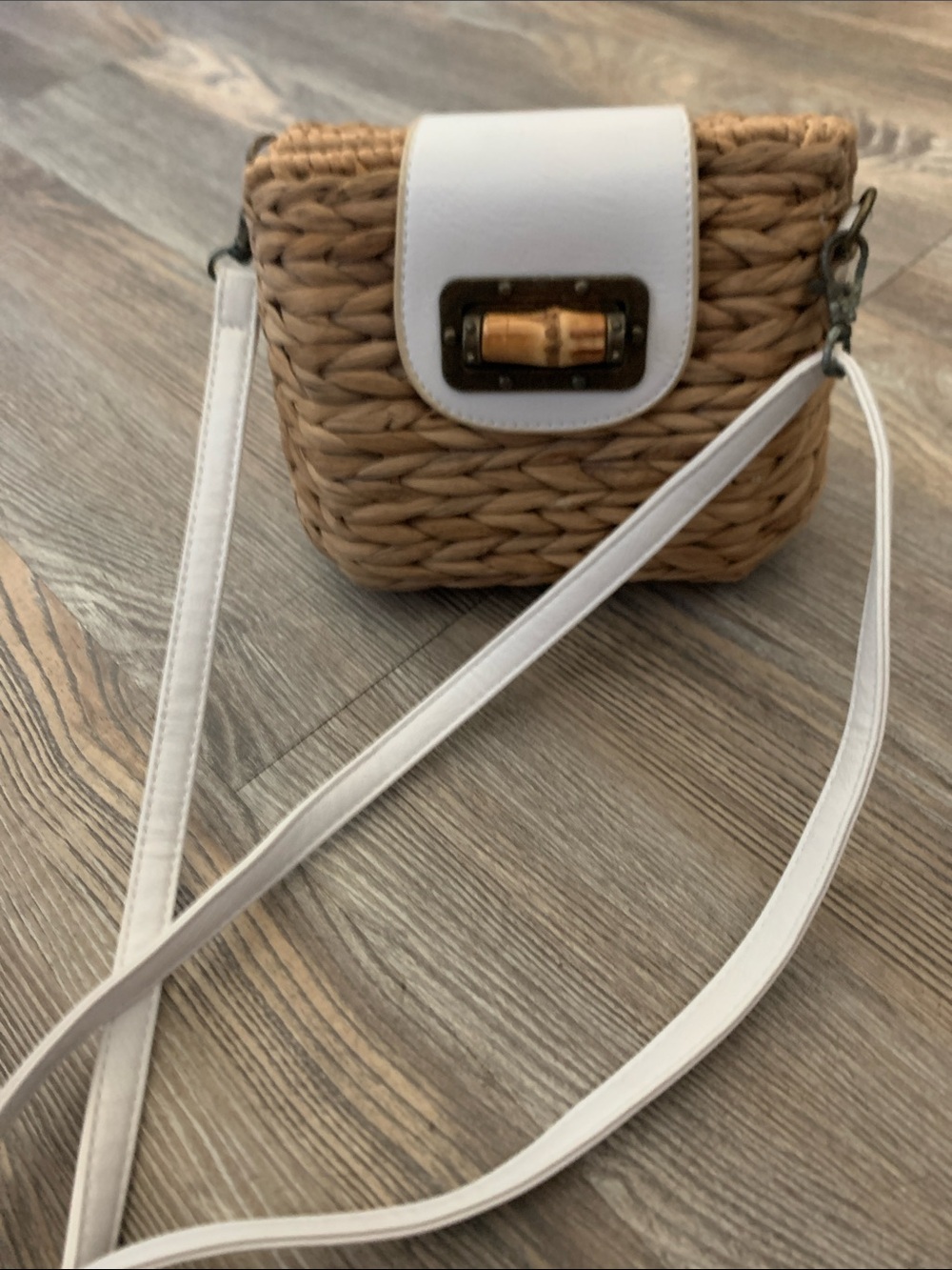 Woven Tan Crossbody with White Trim and Gold Accent